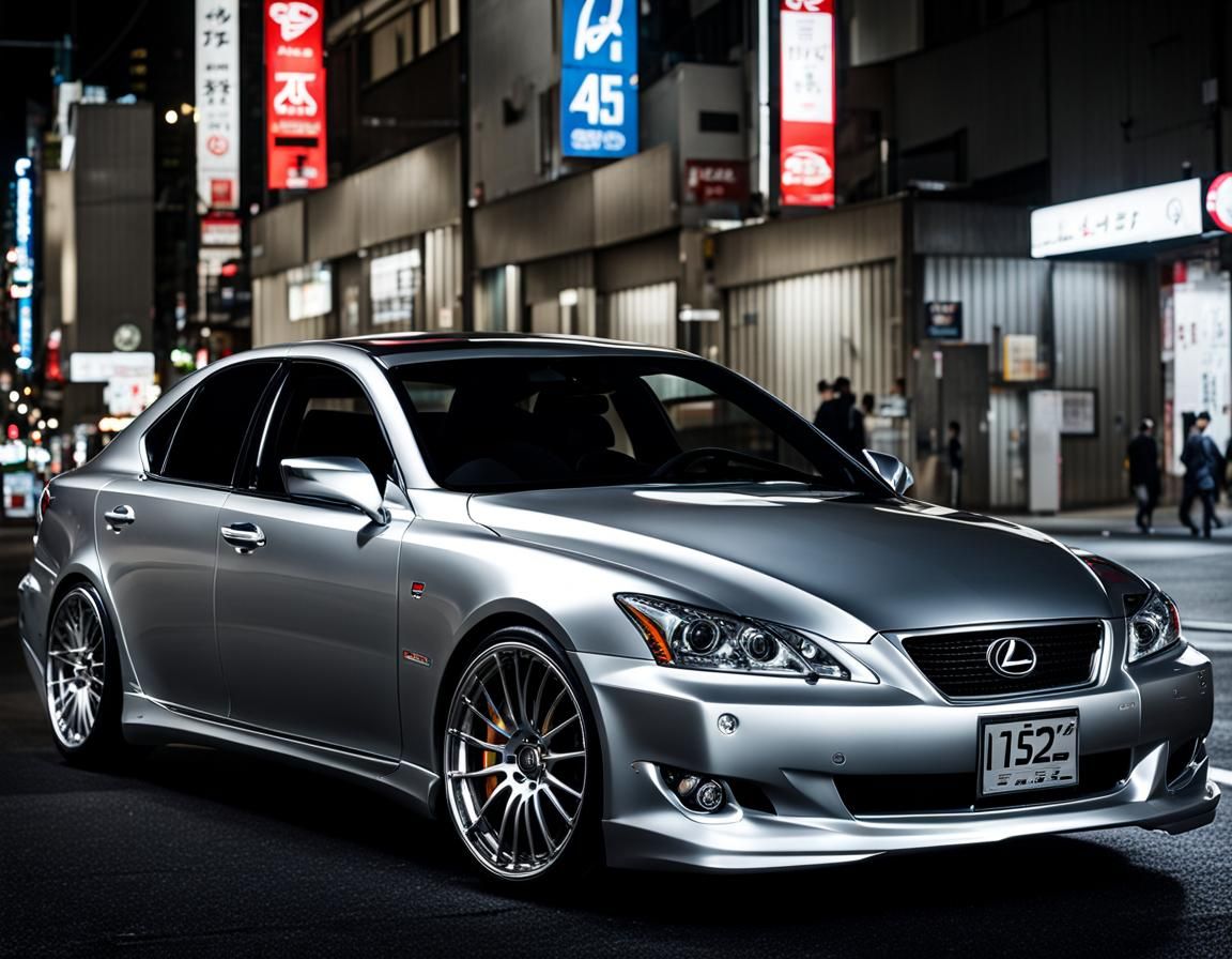 ultra realistic, lexus is300, silver with chrome wheels, at night japan city