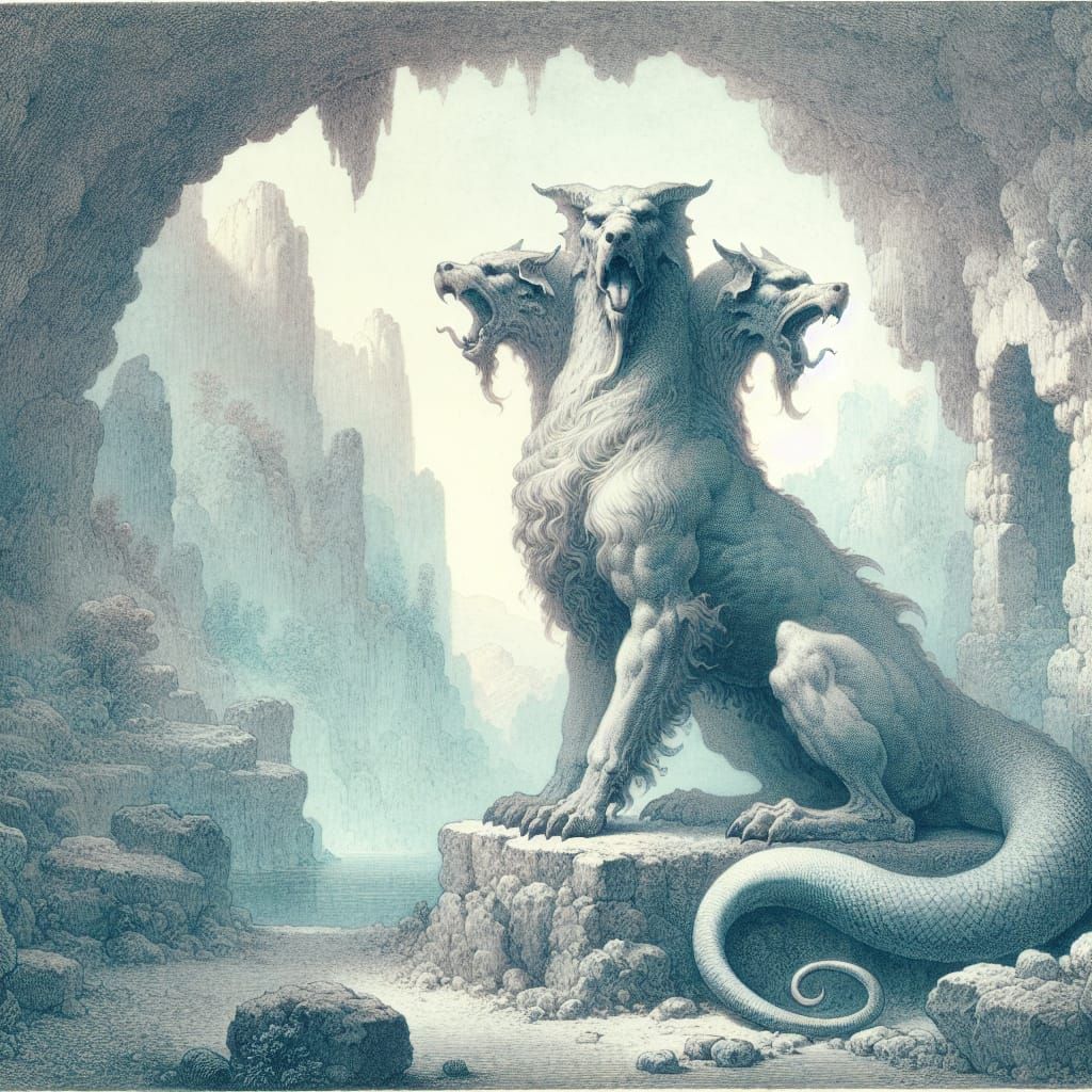 Three-Headed Dog Guardian of a Mystical Cave