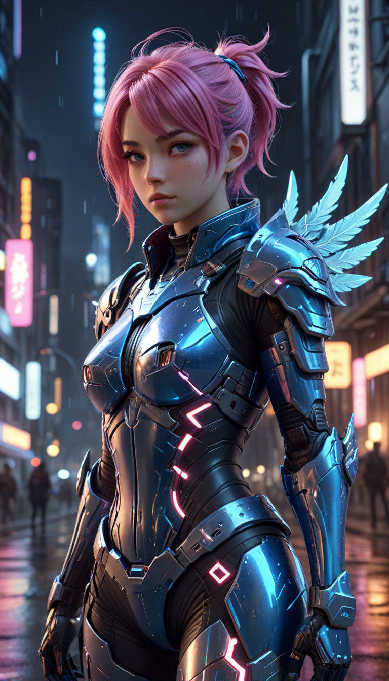 Futuristic Cyberpunk Warrior with Wings and Tail