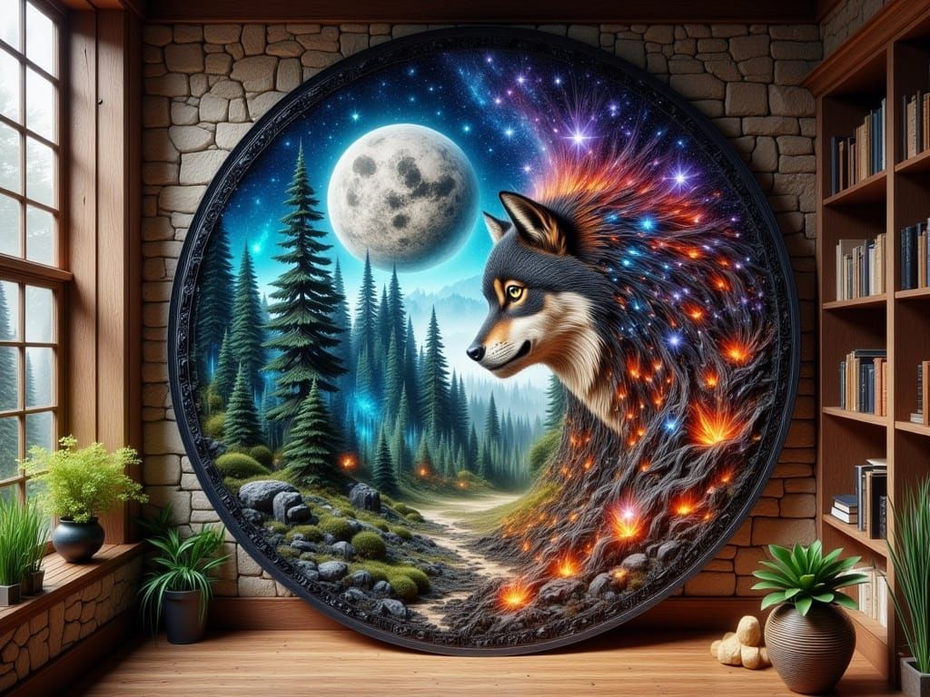 Surreal Wolf Silhouette in Vibrant Yin-Yang Balance