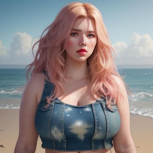 Curvy Woman Portrait on Beach, Hyperdetailed Art
