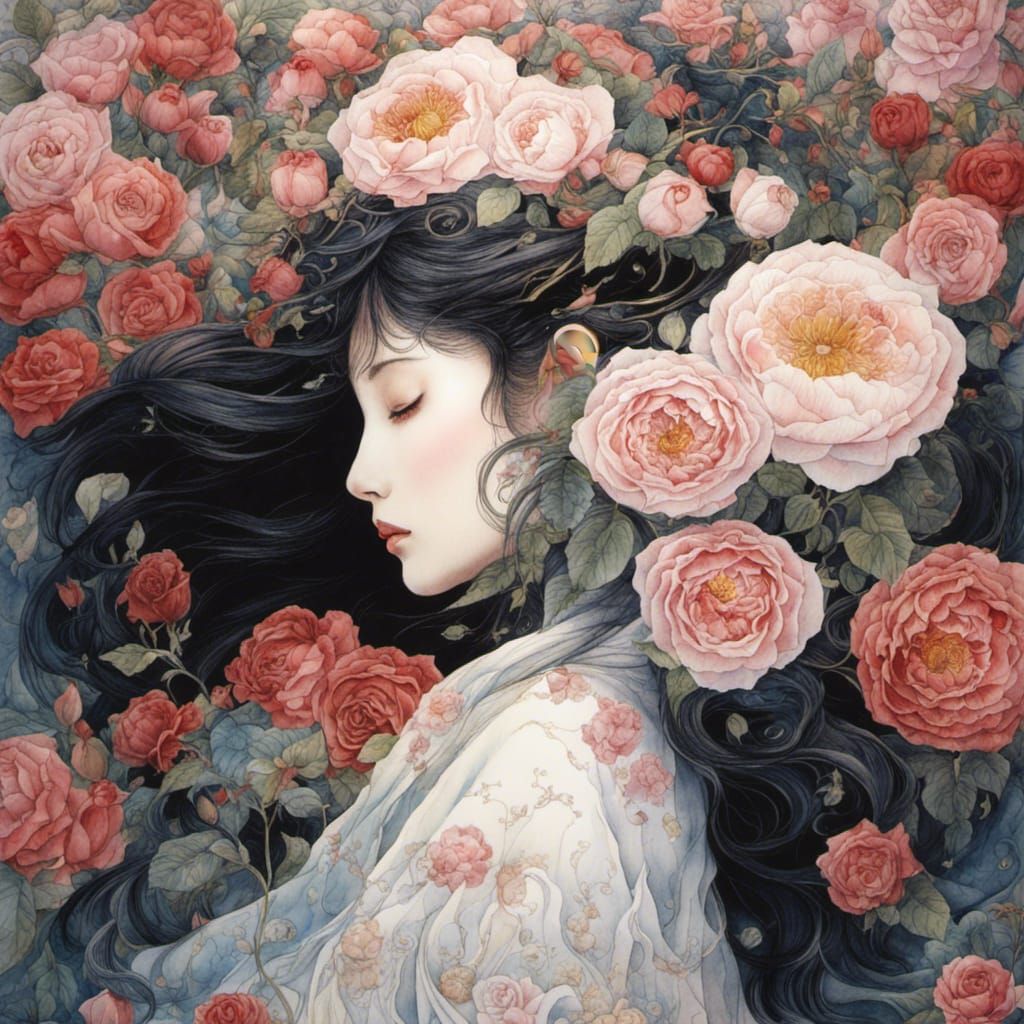 Dreamlike Watercolor Woman Surrounded by Roses