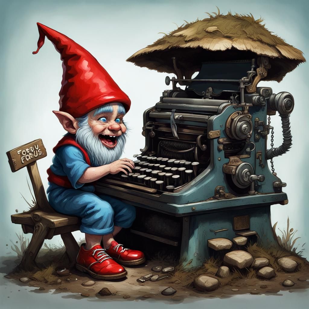 An evil little pixie gnome wearing a red cap, blue tunic and...