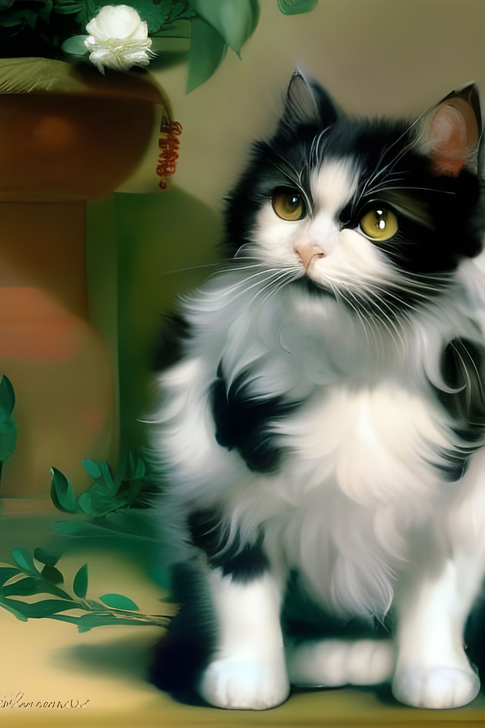 Black and White Cat in Garden: Baroque Oil Painting