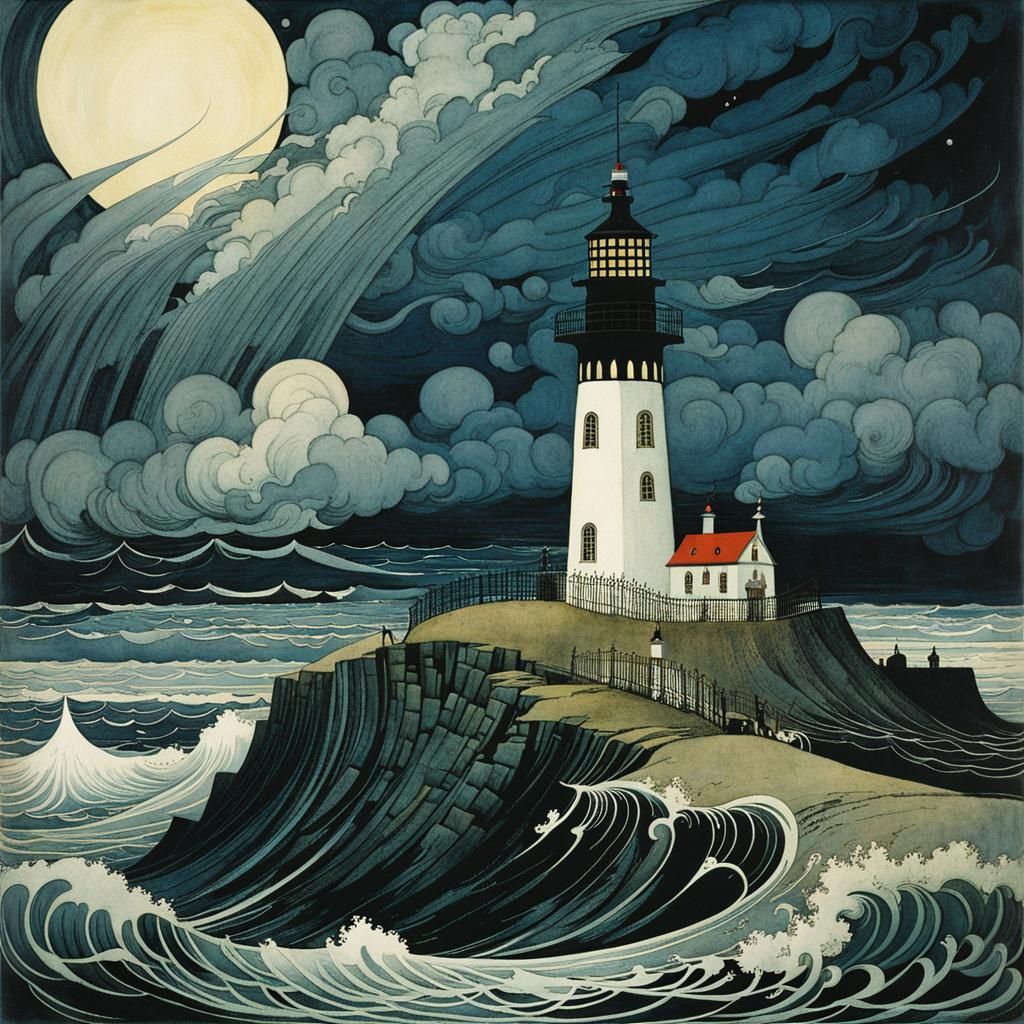 Lighthouse in Storm, Illustrative Fantasy Art