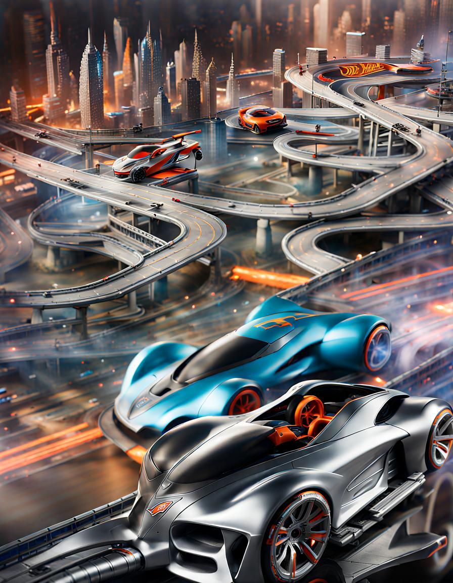 A long 1:64 scale windy race Speedway Hot Wheels toy racing track and city Street playset highly detailed futuristic Hot...