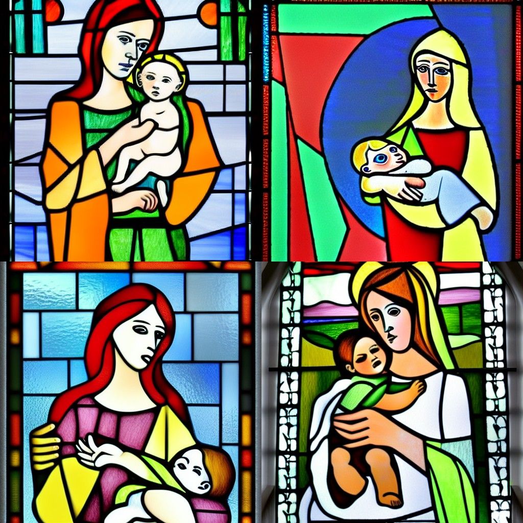 maria holding baby jesus. In the style of pablo Picasso. Stained glass.