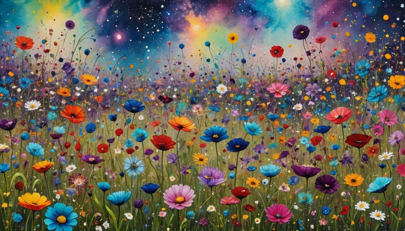 Cosmic Oasis: Fanciful Flowers in Acrylic Painting