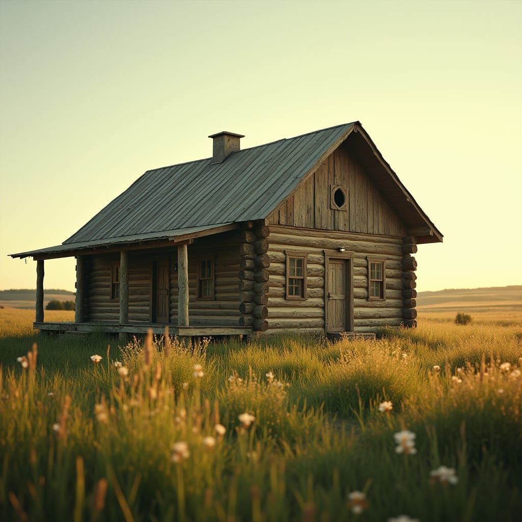 Prairie Log Cabin in Hand-Drawn Cinematic Style