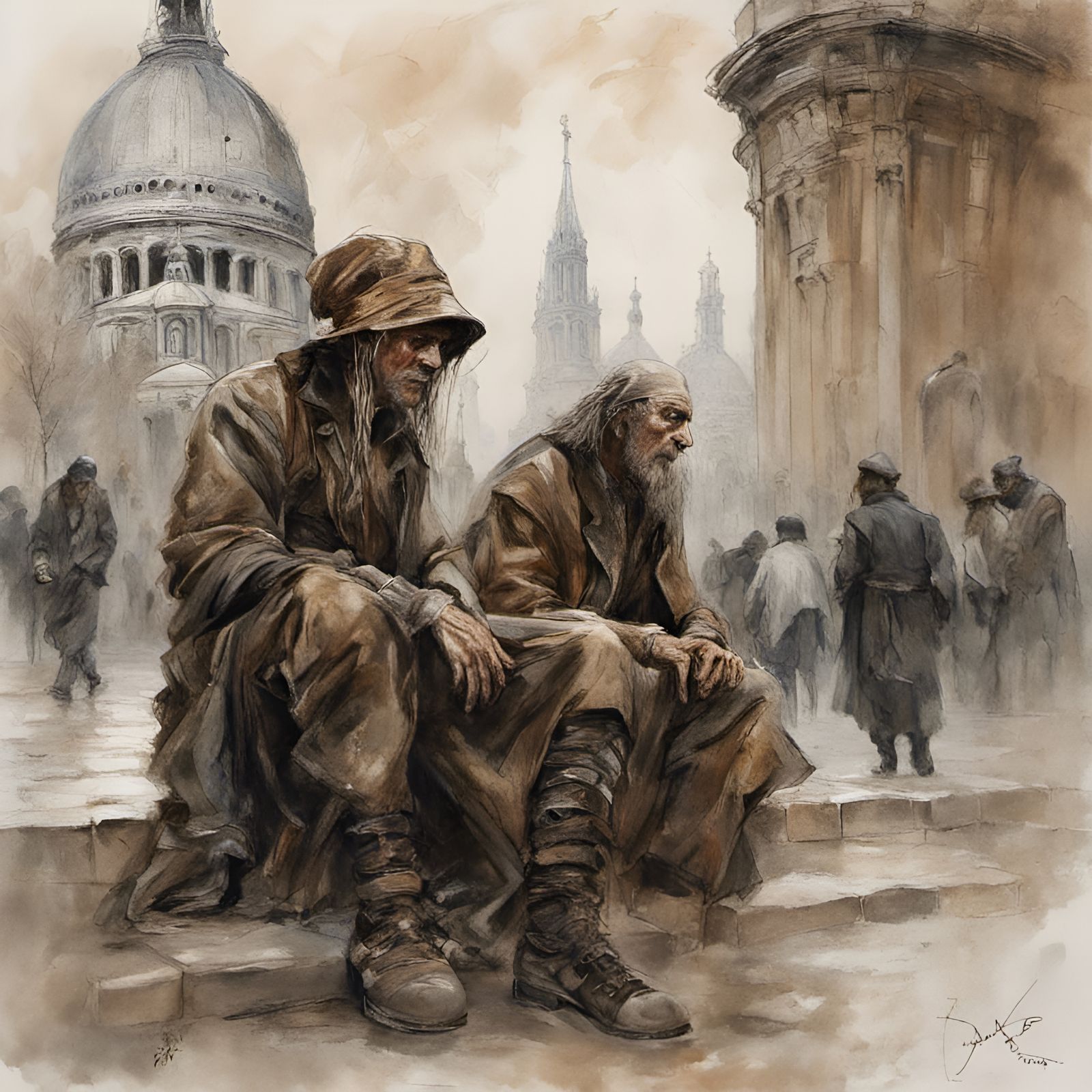 Parisian Beggars near Sacré-Coeur, Dark Fantasy Art