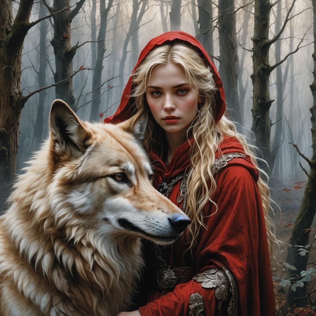 Blonde Woman in Red Cloak with Wolf Companion