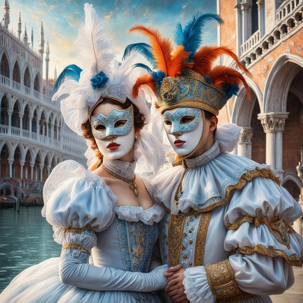 Young couple in a Venice carnival dress on St Marco square