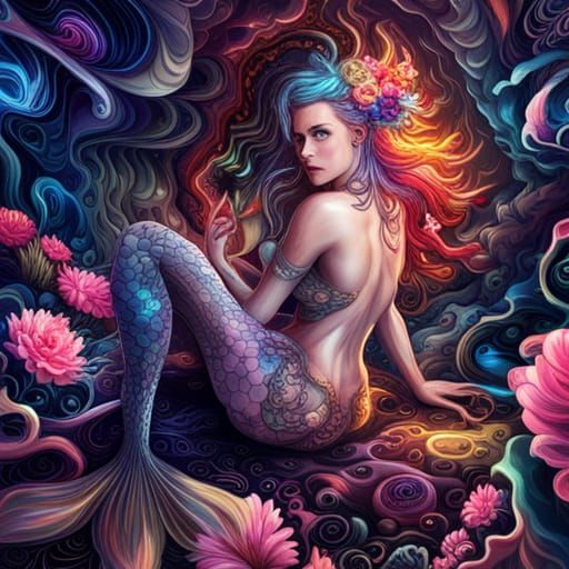 Cyberpunk Floral Mermaid: Detailed Digital Illustration