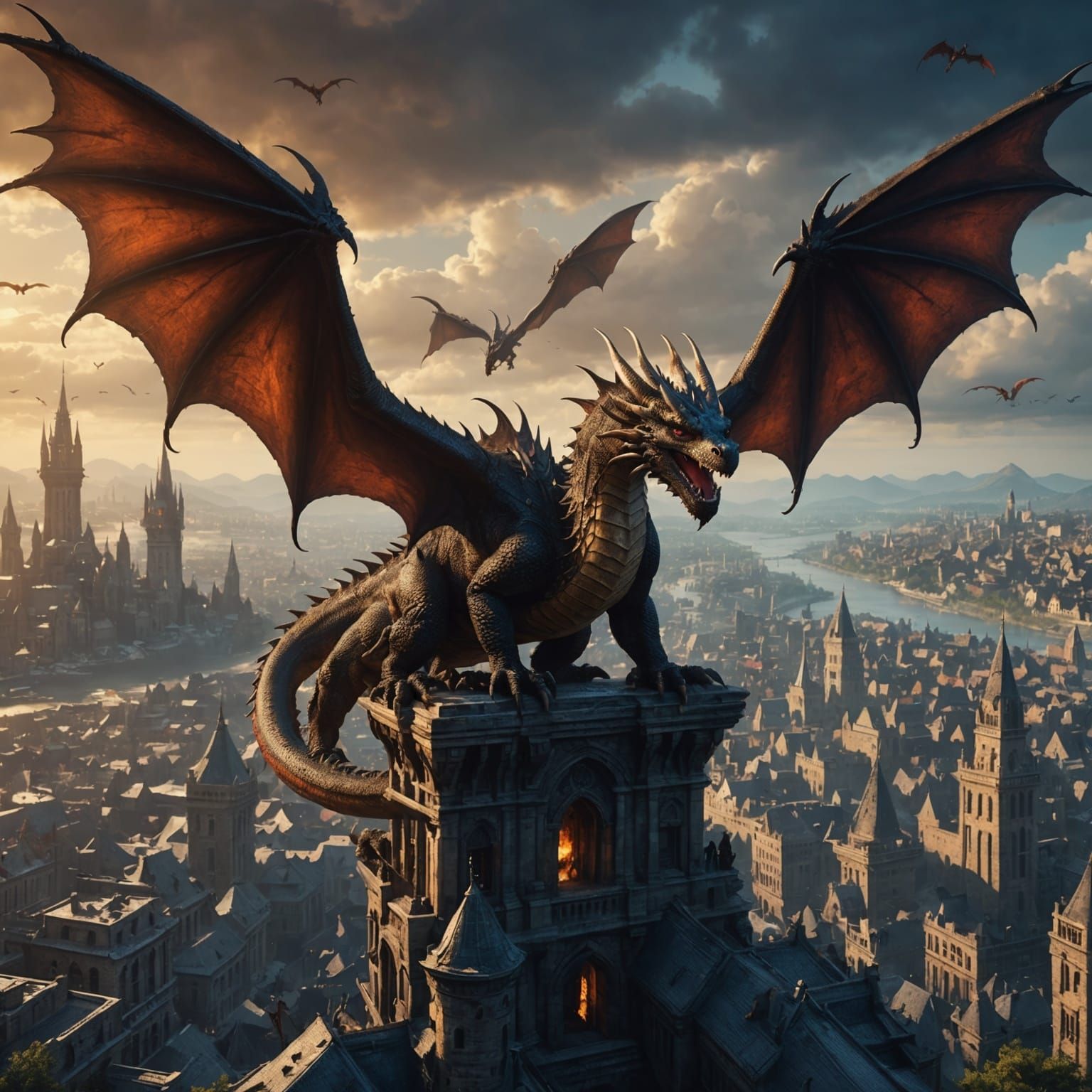 Dragons Over the City: Detailed Fantasy Art