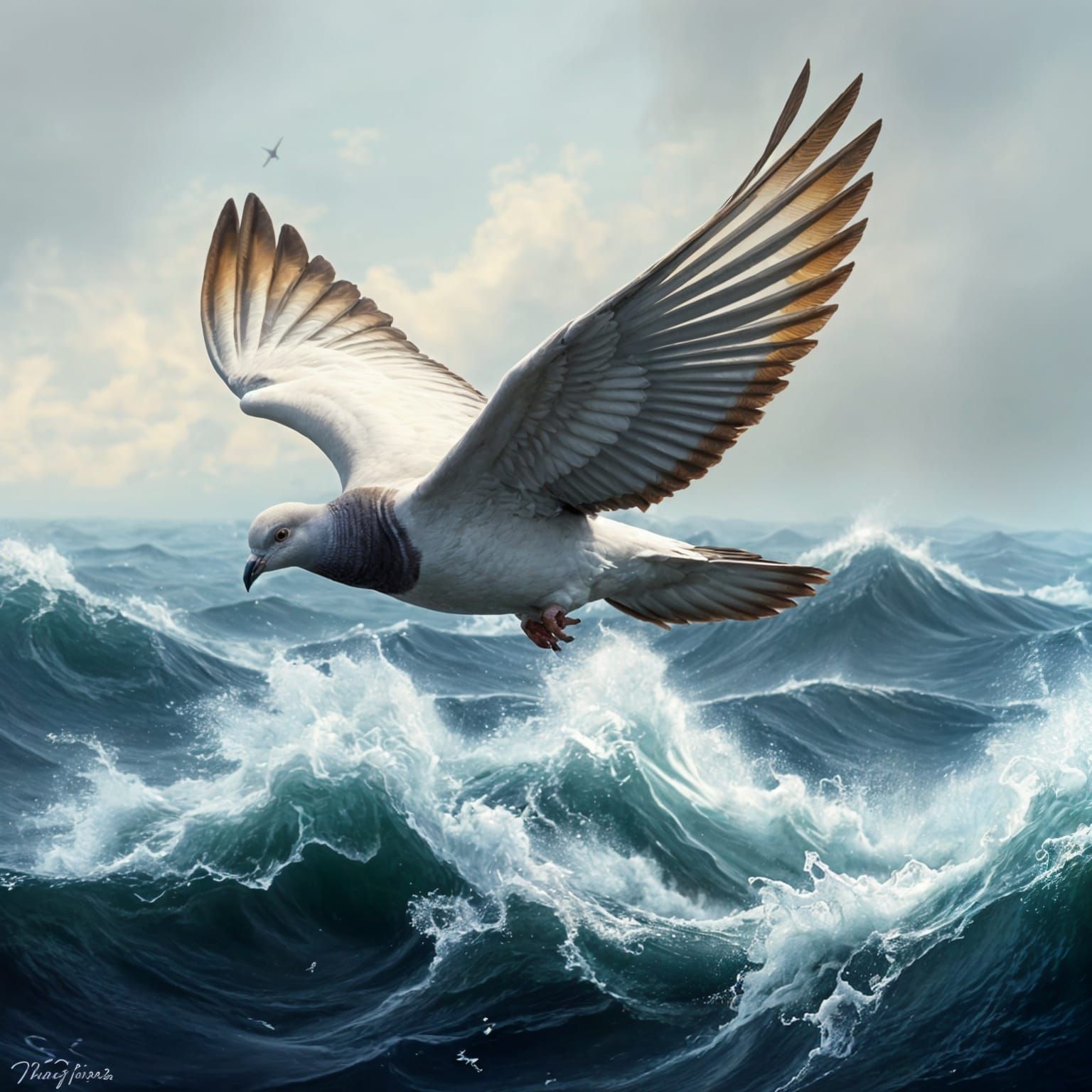 A Pigeon Soars Across Turbulent Waters
