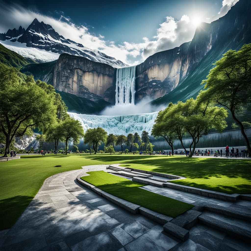 Hyperrealistic Glacier Park with Waterfalls