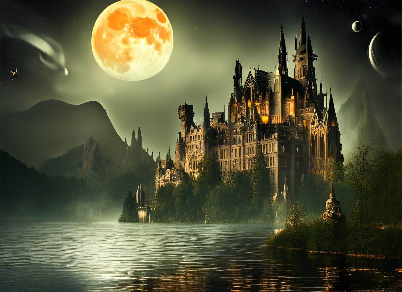 Gothic Castle Reflecting Moonlit Cosmic Sky