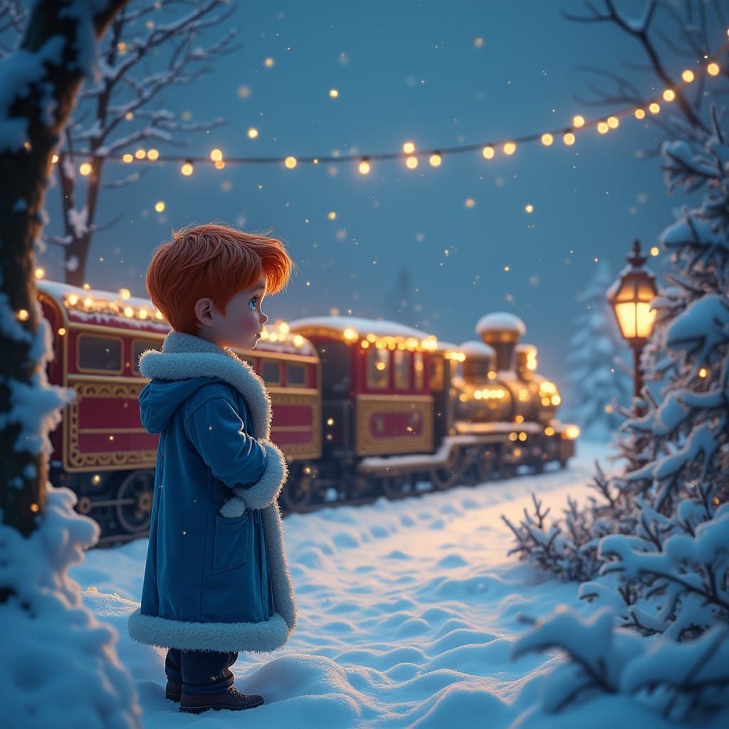 Ginger-haired Boy Gazing at Majestic Christmas Train in Snow...