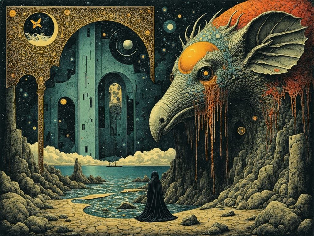 Surreal Embossed Fantasy Realm in Ancient Mythological Style