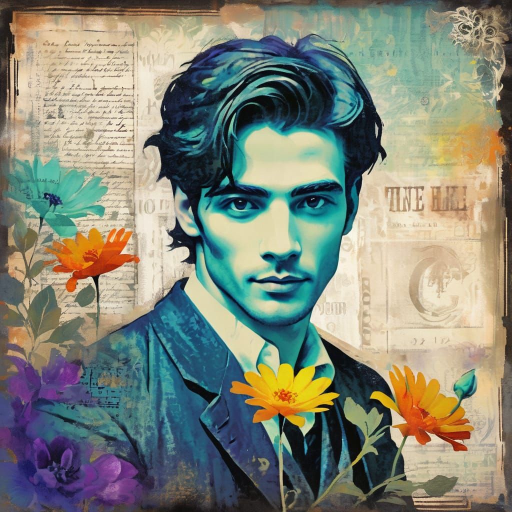 Handsome Gentleman Offers Vintage Flower on Distressed Backg...