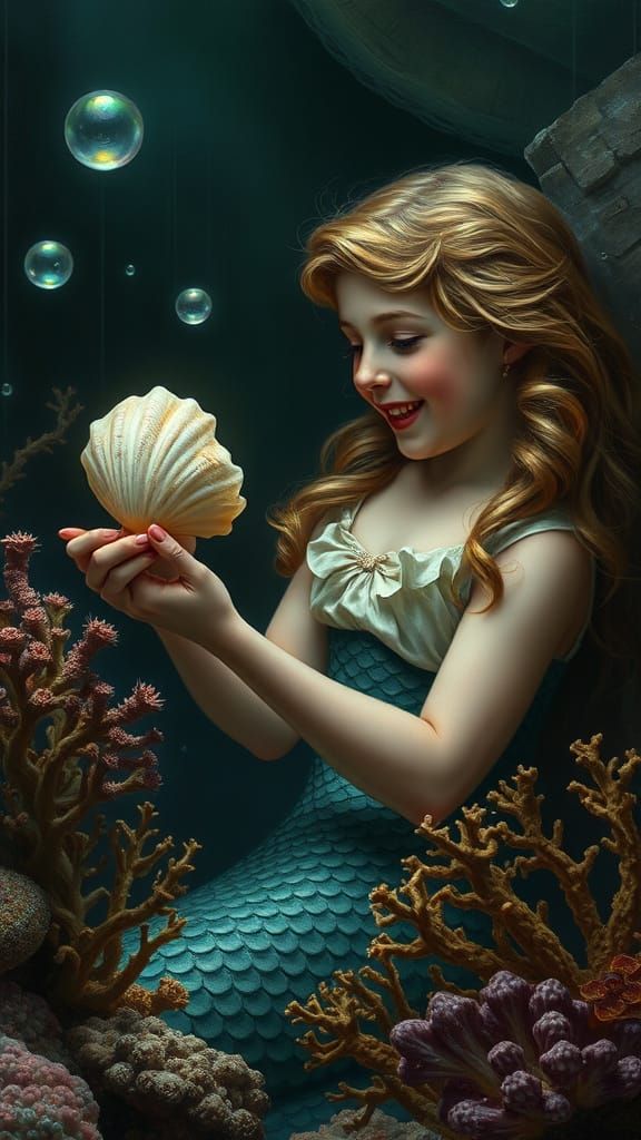 Ethereal Mermaid Contemplating Seashell in Vibrant 1800s Oce...
