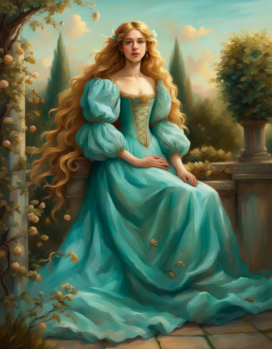 Renaissance Girl in Turquoise Gown in Cherry Garden