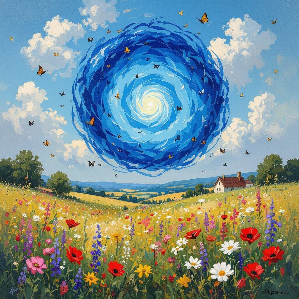 Blue Whirlwind Surrounded by Flowers and Butterflies