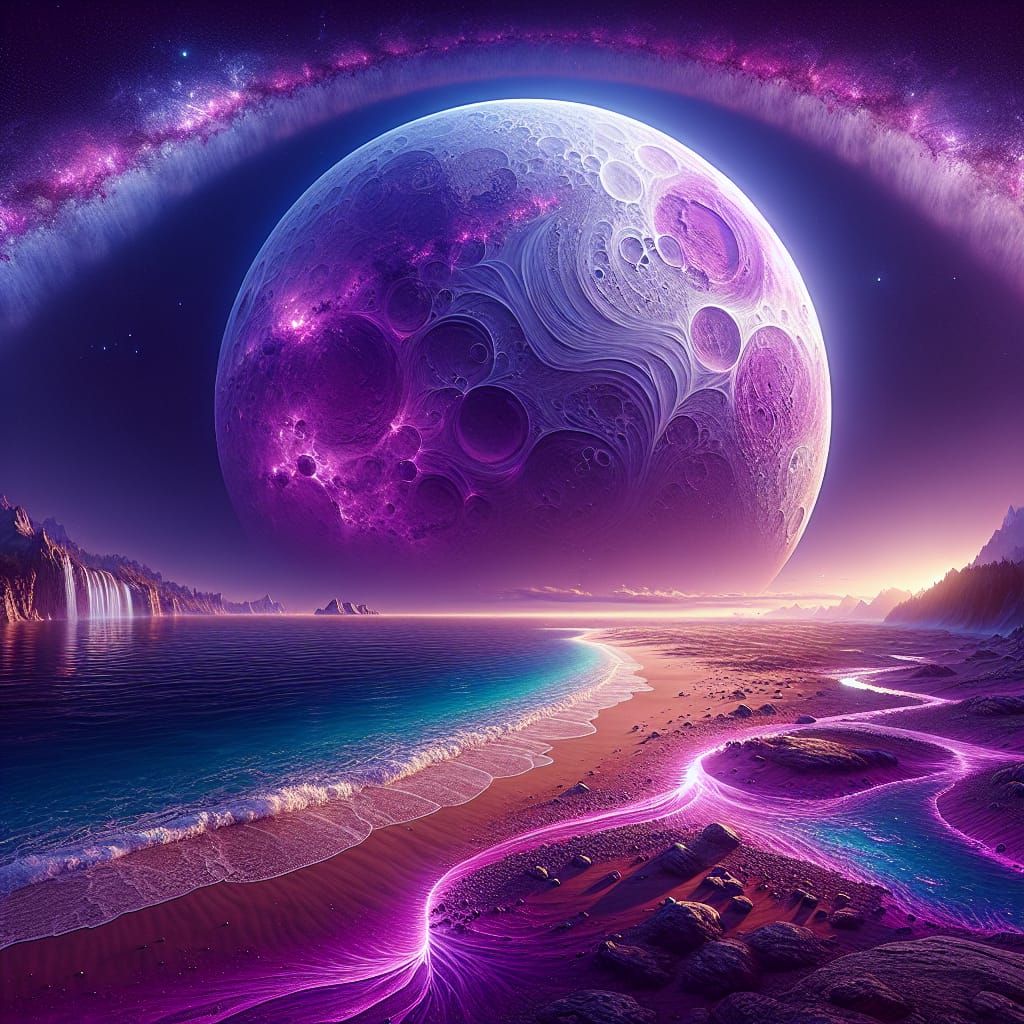 Lavender Beach Panorama with Lunar Body