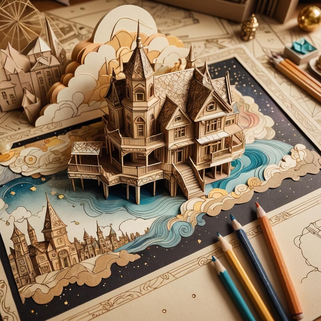 Cosmic Art Deco Diorama in Sepia Pencil Sketch