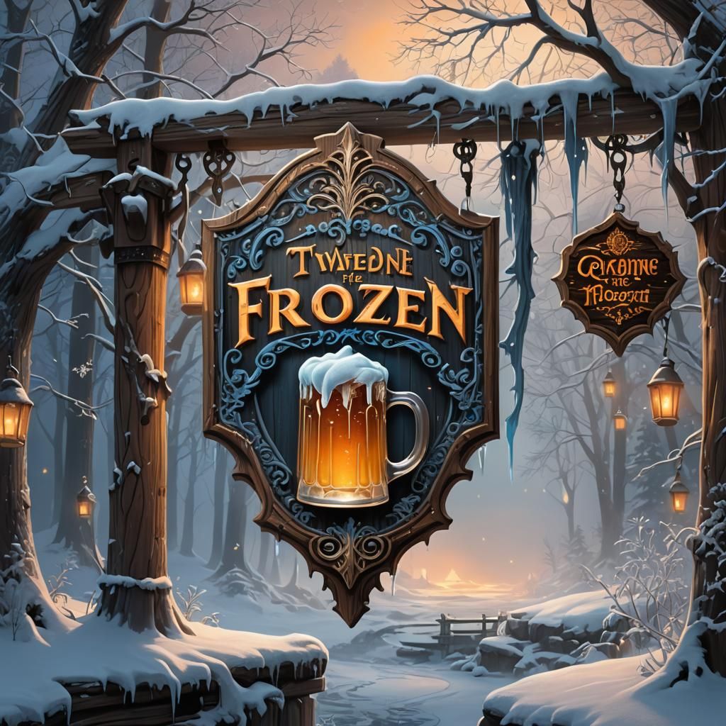 The Frozen Mug Tavern Sign in Snowy Forest