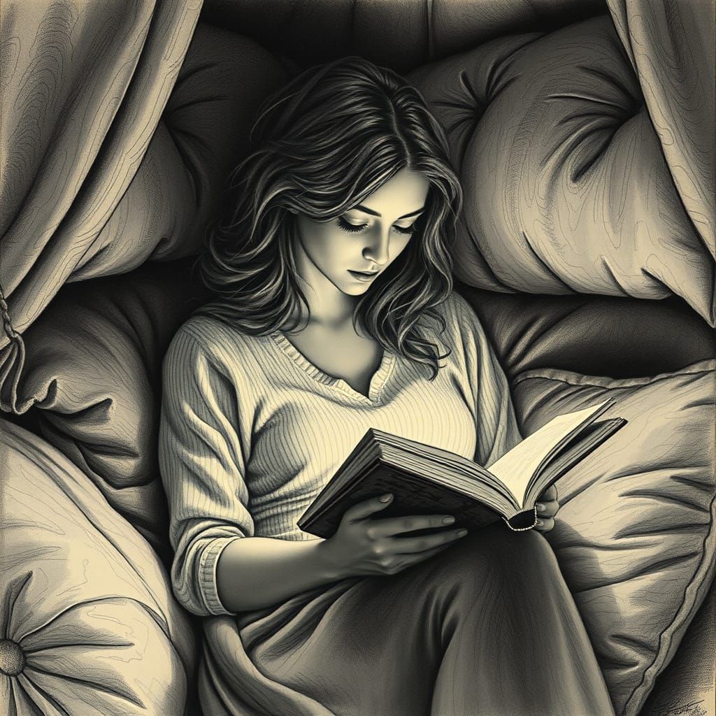 Woman Reading in Cozy Charcoal Nook