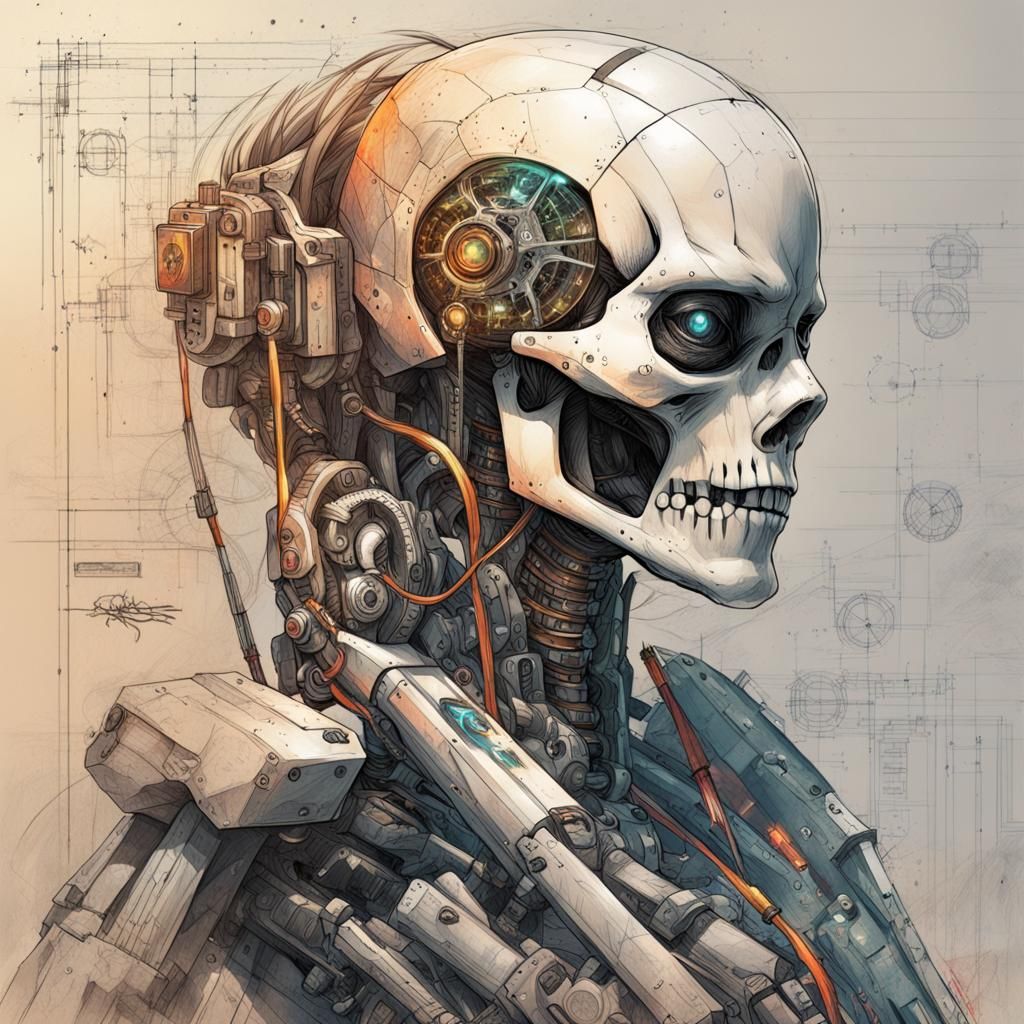 Anime Cyborg Blueprint in Digital Colored Pencil Style