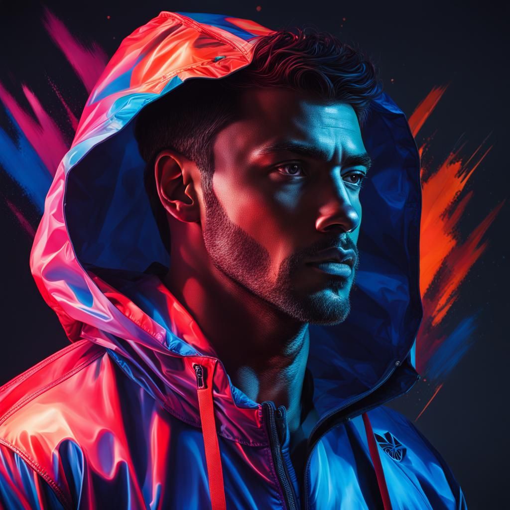 Handsome Man in Adidas Windbreaker, Hyperrealistic Portrait