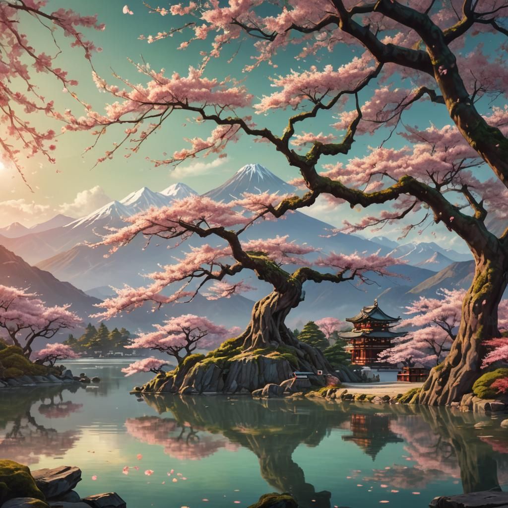 Sakura Tree by Lake with Temples: Fantasy Art