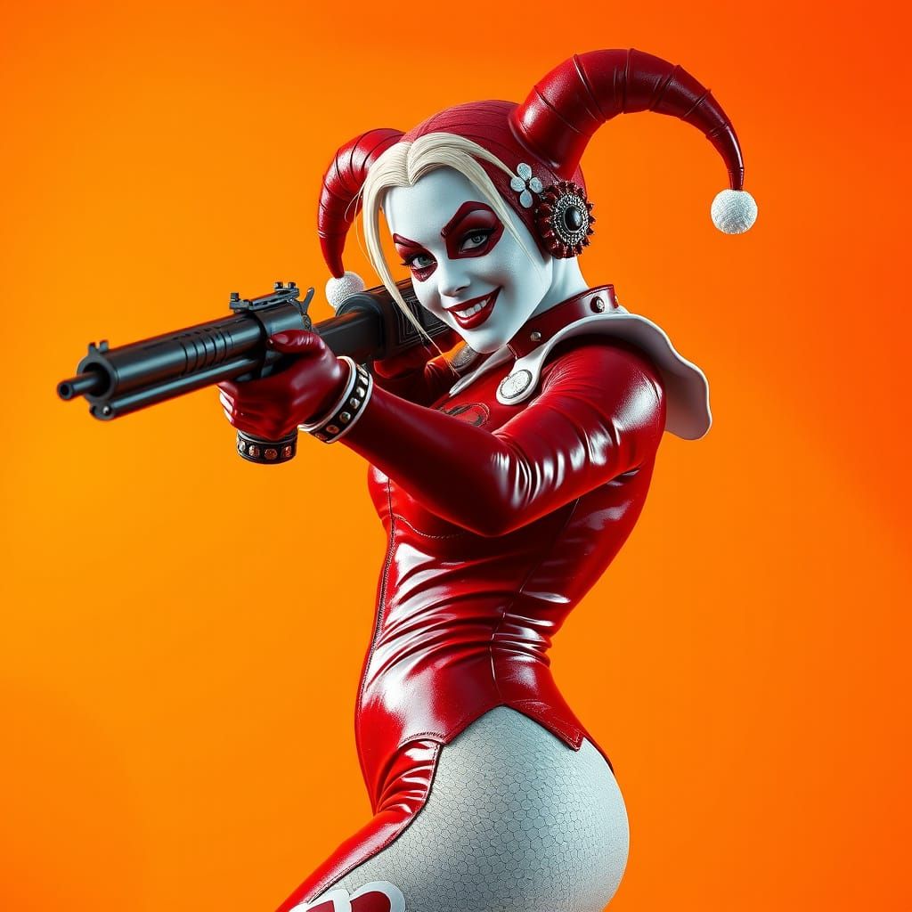 Harley Quinn in Vibrant Latex with Revolver