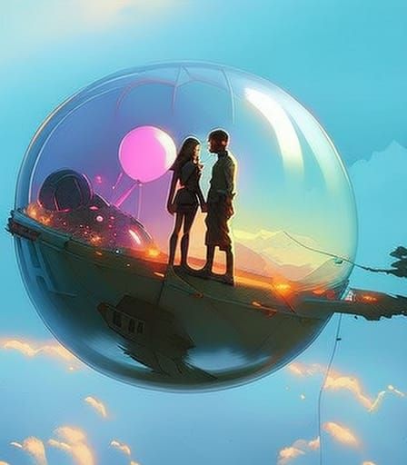 Radiant Couple in Floating Bubble: Fantasy Art