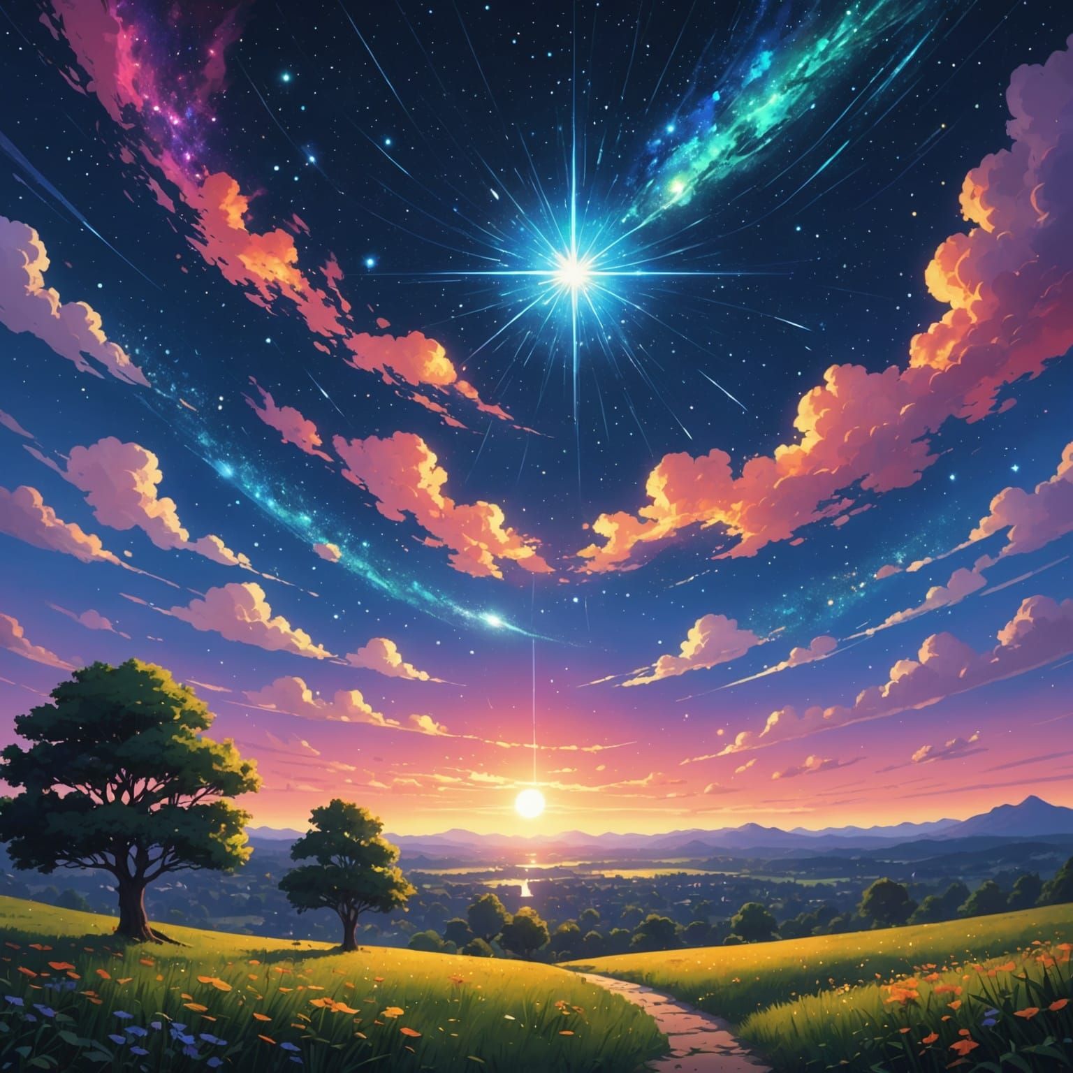 Anime Night Sky Transforms into Day with Fallen Star