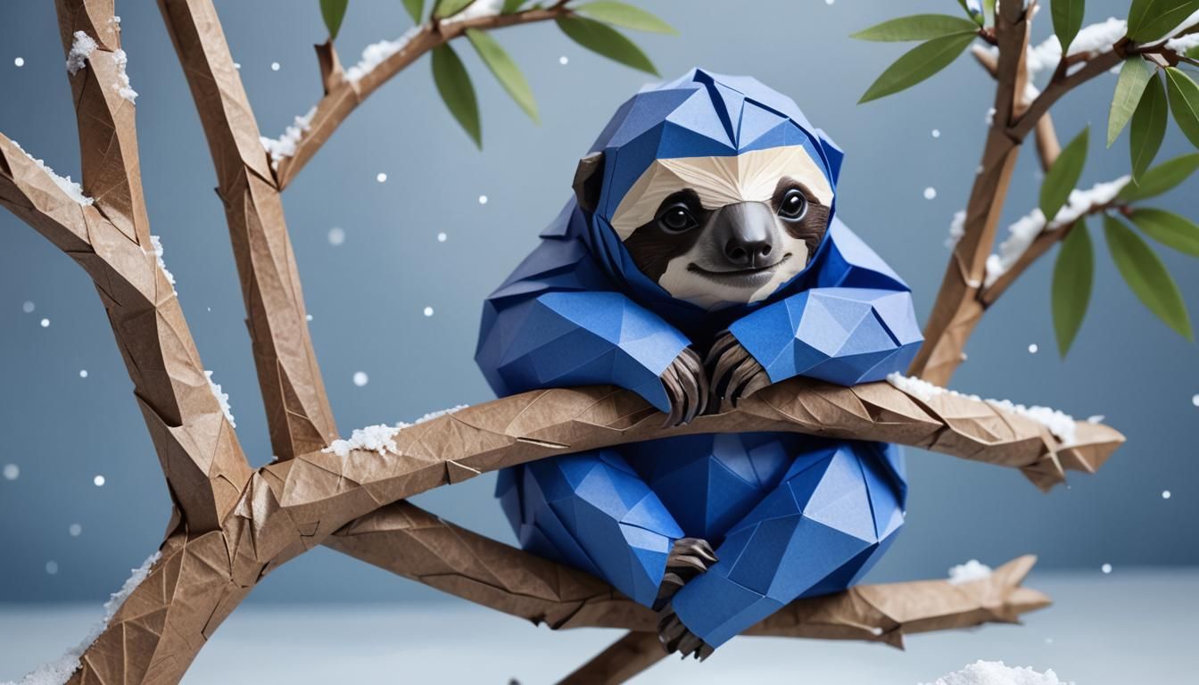 Blue Sloth Cub in Snowy Origami Landscape