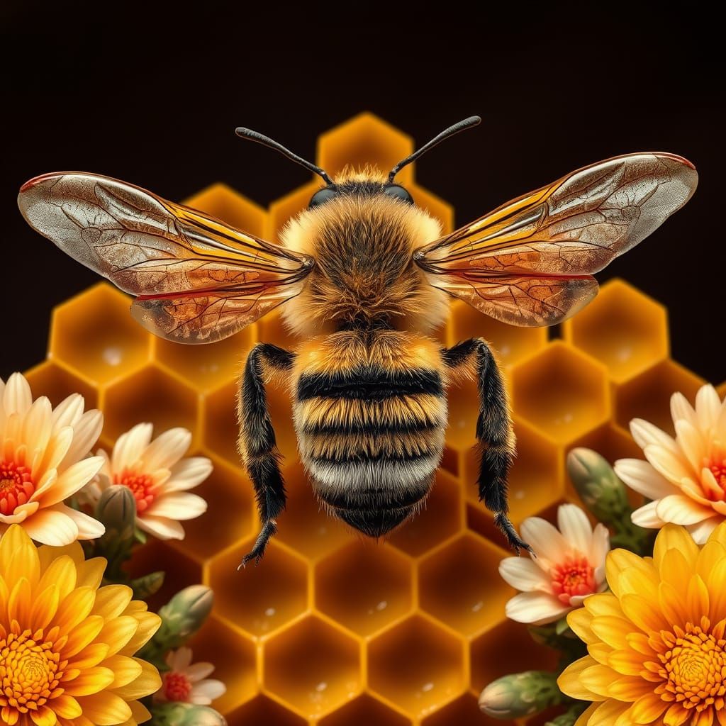 Golden Honeycomb and Majestic Bee in Whimsical Harmony