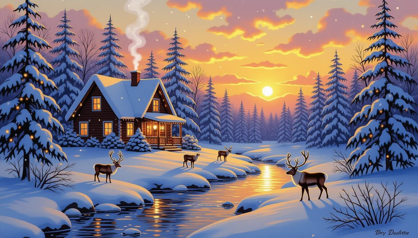 Winter Cottage Scene with Reindeer, Golden Sunset Glow