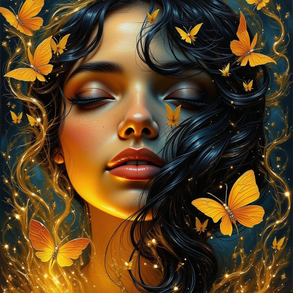 Ethereal Woman's Face in Double Exposure Gouache Painting