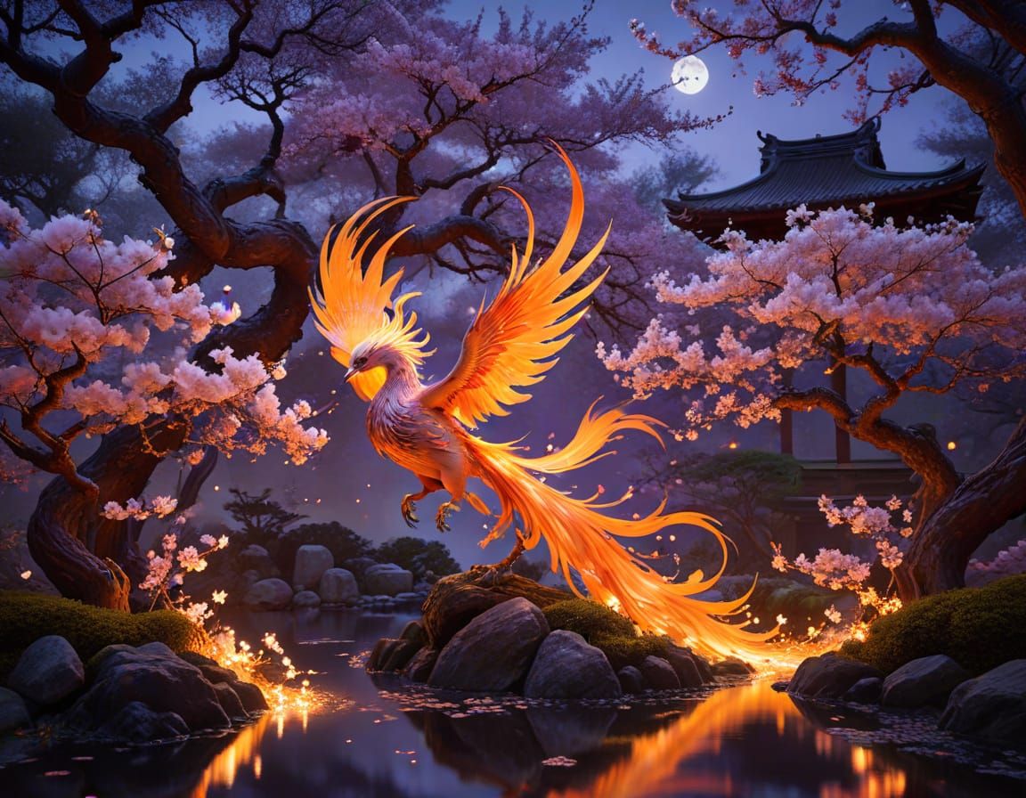 Ethereal Phoenix Rises in Moonlit Japanese Garden