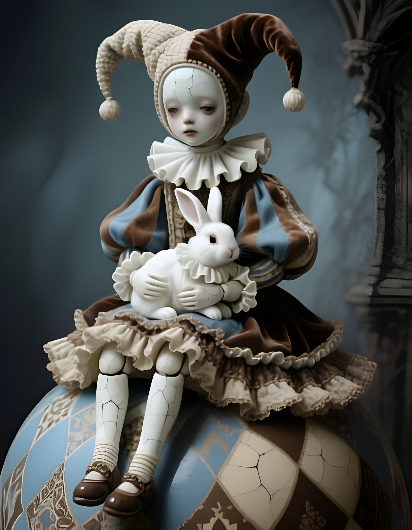 Surreal Porcelain Harlequin Doll with Rabbit