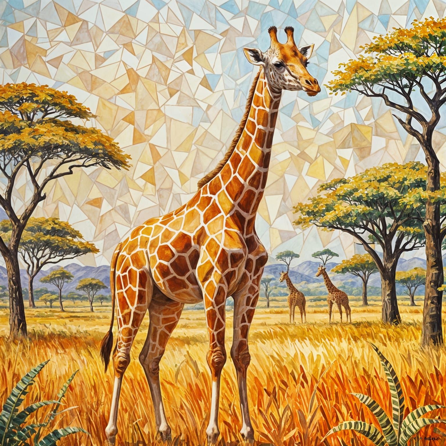 Mosaic Giraffe in African Savannah, Gouache Style