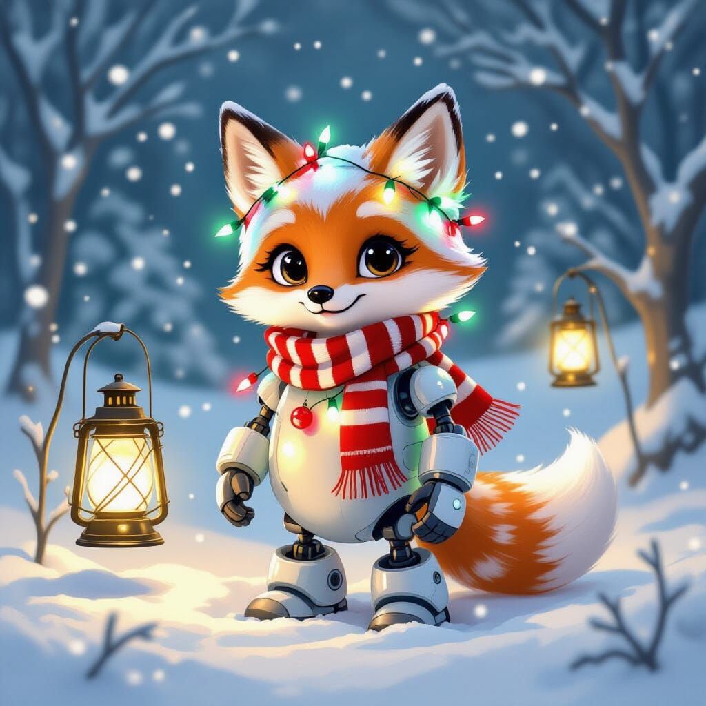 Robot Arctic Fox in Snowy Wonderland with Christmas Lights