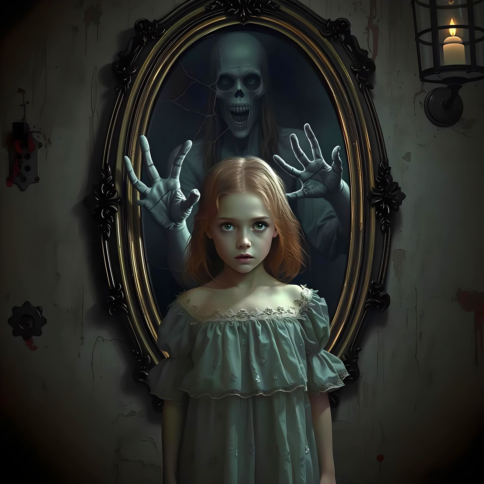 Ethereal Horror: Girl and Ghostly Reflection