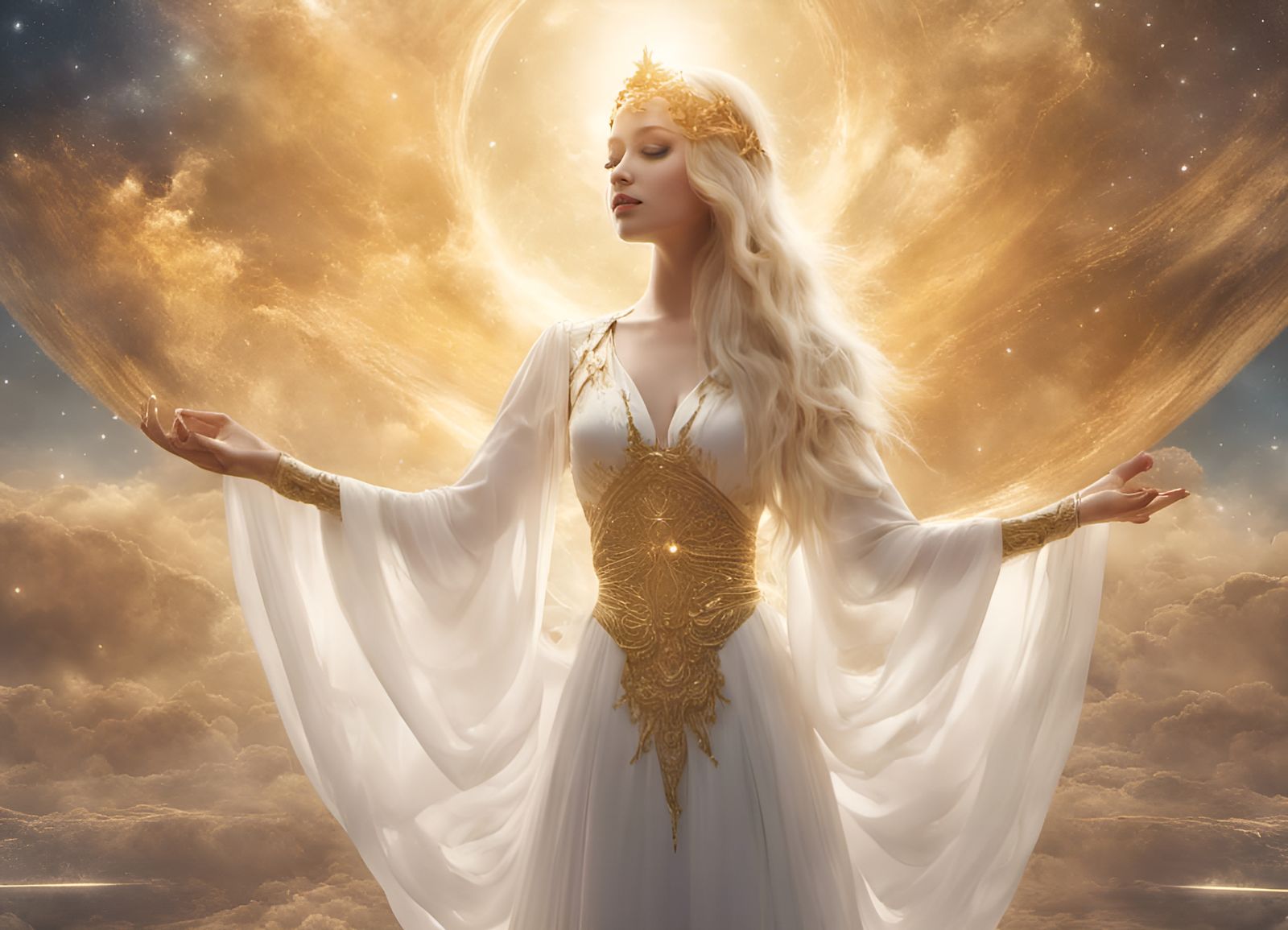 Golden Goddess Praying in a Fantastic Universe