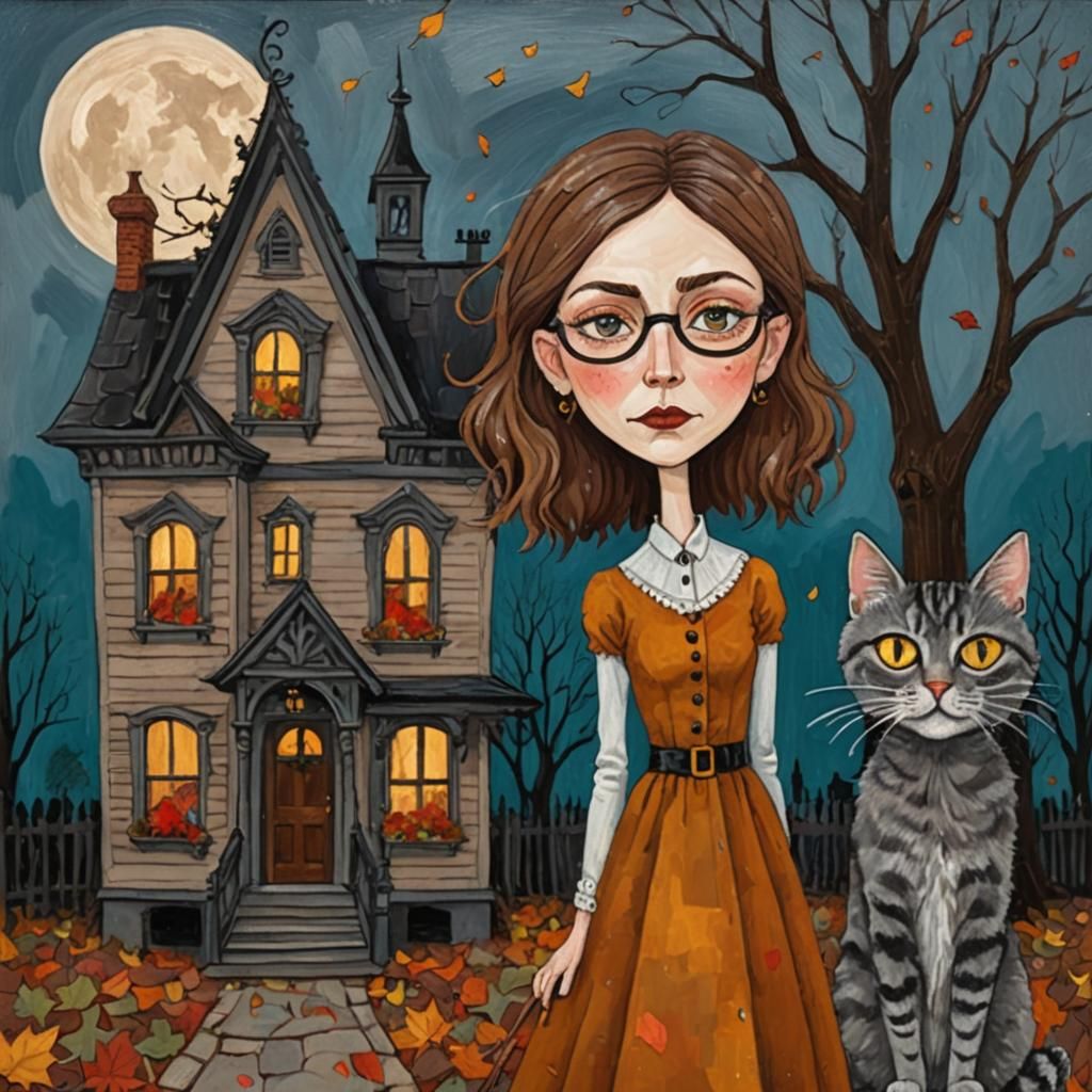 Whimsical Witch and Haunted House in Outsider Art Style