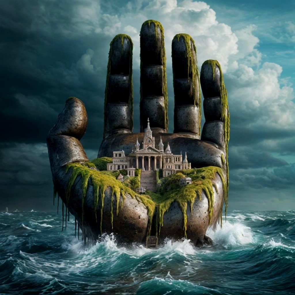 Ancient Village Temple Rises From Stormy Sea in Fantasy Art