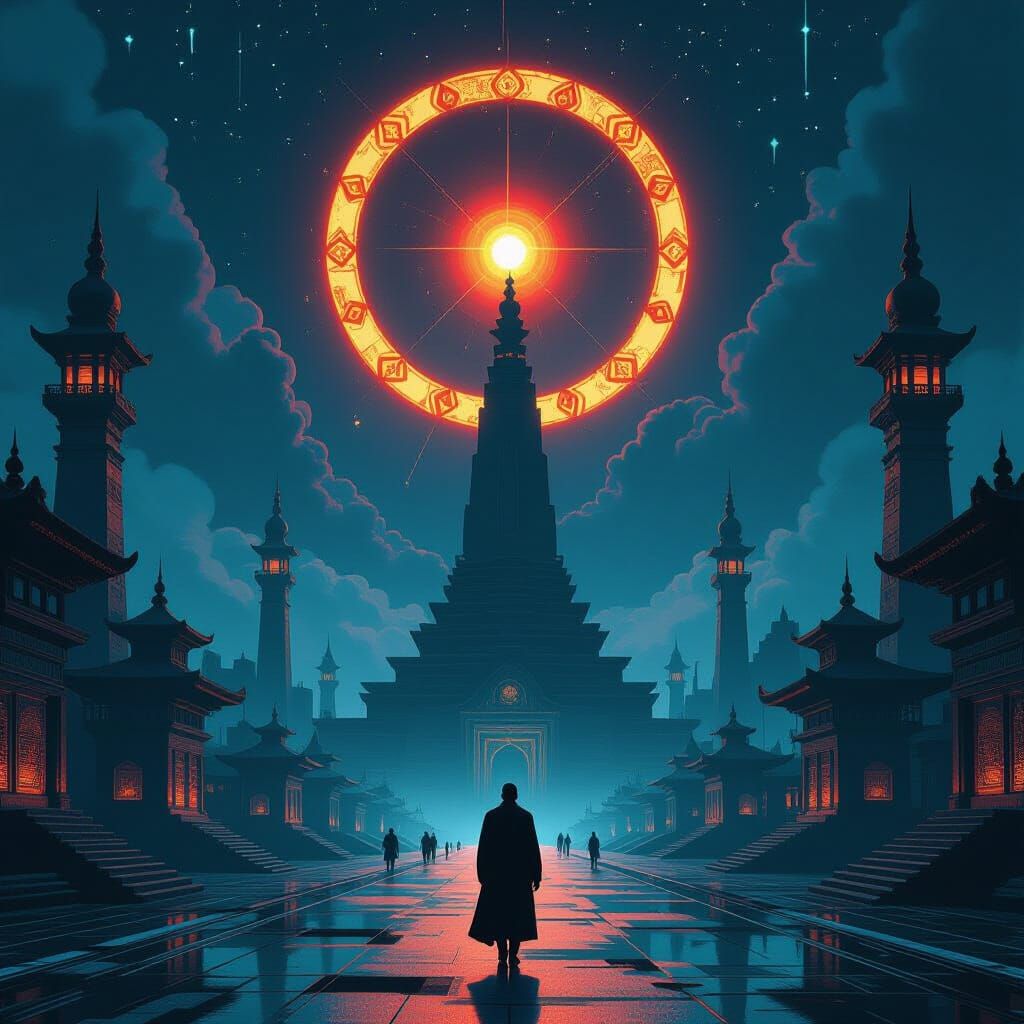 Vedic and Zoroastrian Cosmology in Cyberpunk Style